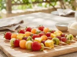 Spiedini di frutta caramellati pronti da servire Spiedini di frutta fresca caramellati disposti su un tagliere di legno, pronti per essere serviti come dessert estivo