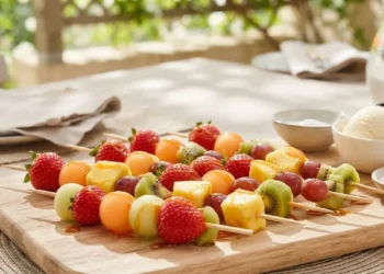 Spiedini di frutta caramellati pronti da servire Spiedini di frutta fresca caramellati disposti su un tagliere di legno, pronti per essere serviti come dessert estivo