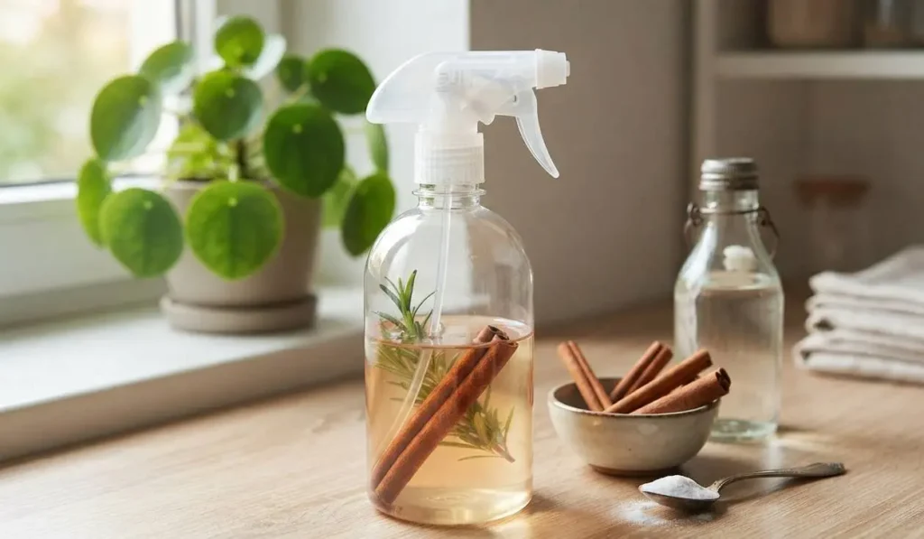 Spray ecologico fai da te con cannella e aceto per la casa Flacone spray trasparente con stecche di cannella e aceto su un tavolo in legno, ideale per un detergente ecologico fai da te.