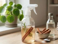 Flacone spray trasparente con stecche di cannella e aceto su un tavolo in legno, ideale per un detergente ecologico fai da te.