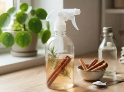 Spray ecologico fai da te con cannella e aceto per la casa Flacone spray trasparente con stecche di cannella e aceto su un tavolo in legno, ideale per un detergente ecologico fai da te.