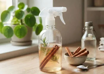Spray ecologico fai da te con cannella e aceto per la casa Flacone spray trasparente con stecche di cannella e aceto su un tavolo in legno, ideale per un detergente ecologico fai da te.