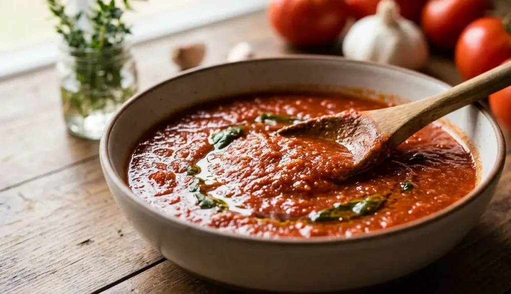 Come addensare un sugo troppo liquido Sugo di pomodoro denso e cremoso in una ciotola di ceramica con cucchiaio di legno, circondato da pomodori freschi e aglio su un tavolo in legno.