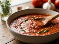 Sugo di pomodoro denso e cremoso in una ciotola di ceramica con cucchiaio di legno, circondato da pomodori freschi e aglio su un tavolo in legno.