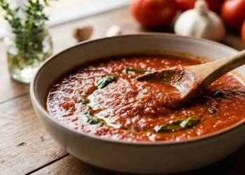 Come addensare un sugo troppo liquido Sugo di pomodoro denso e cremoso in una ciotola di ceramica con cucchiaio di legno, circondato da pomodori freschi e aglio su un tavolo in legno.