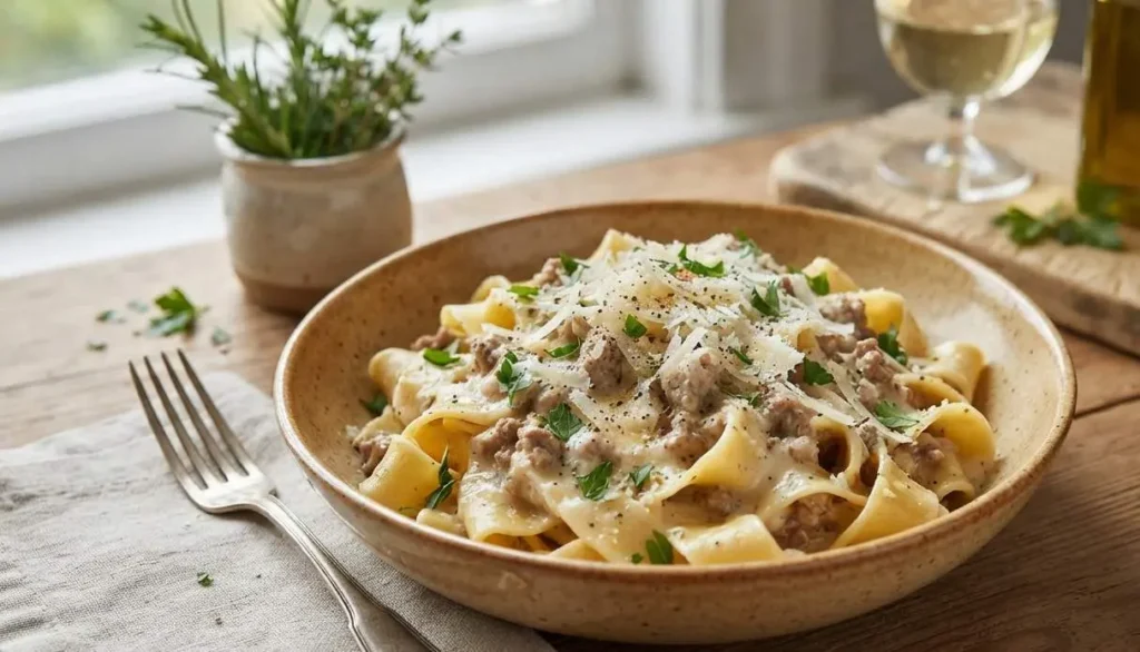 Tagliatelle con ragù bianco di carne Piatto di ceramica rustica con tagliatelle condite con ragù bianco di carne e salsiccia, spolverate di parmigiano e prezzemolo, posizionato su un tavolo in legno accanto a una forchetta e un calice di vino bianco.