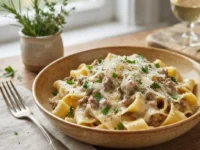 Piatto di ceramica rustica con tagliatelle condite con ragù bianco di carne e salsiccia, spolverate di parmigiano e prezzemolo, posizionato su un tavolo in legno accanto a una forchetta e un calice di vino bianco.