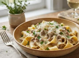 Tagliatelle con ragù bianco di carne Piatto di ceramica rustica con tagliatelle condite con ragù bianco di carne e salsiccia, spolverate di parmigiano e prezzemolo, posizionato su un tavolo in legno accanto a una forchetta e un calice di vino bianco.