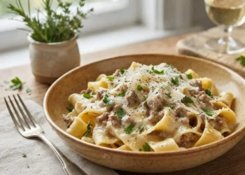 Tagliatelle con ragù bianco di carne Piatto di ceramica rustica con tagliatelle condite con ragù bianco di carne e salsiccia, spolverate di parmigiano e prezzemolo, posizionato su un tavolo in legno accanto a una forchetta e un calice di vino bianco.