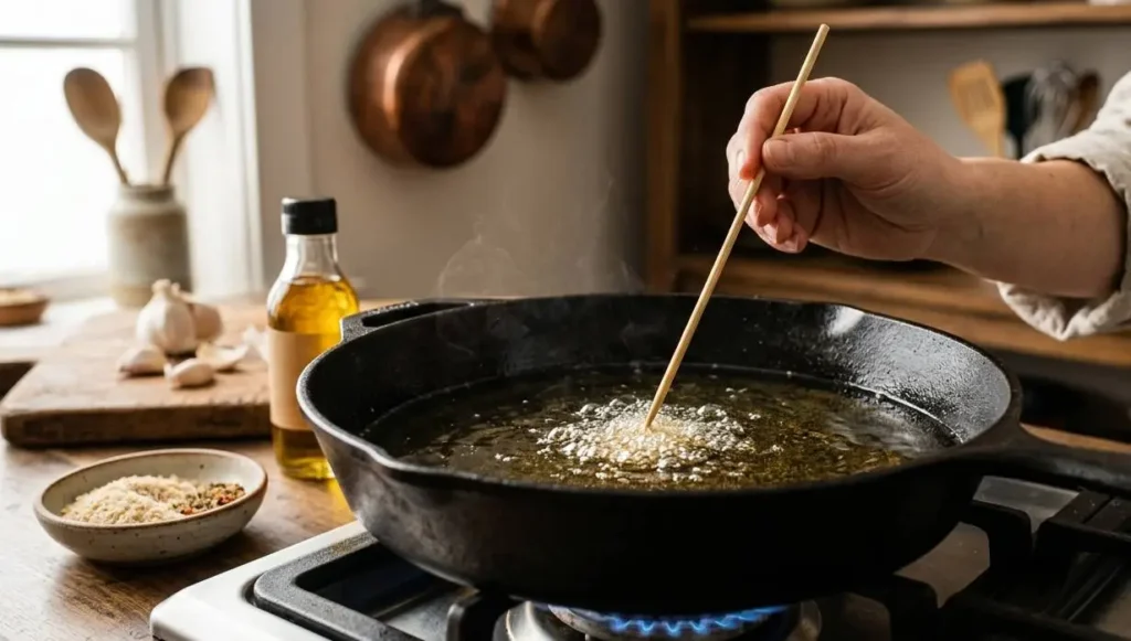 Temperatura olio per friggere senza termometro Controllo della temperatura dell'olio per friggere nella padella usando il trucco dello stecchino di legno.