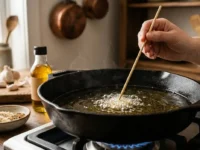 Controllo della temperatura dell'olio per friggere nella padella usando il trucco dello stecchino di legno.