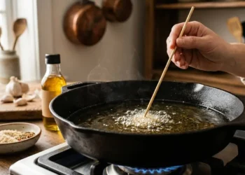 Temperatura olio per friggere senza termometro Controllo della temperatura dell'olio per friggere nella padella usando il trucco dello stecchino di legno.