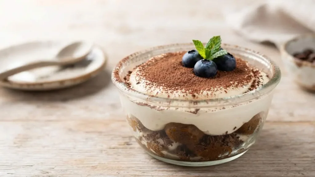 Tiramisù light estivo in coppetta Coppetta di tiramisù light estivo guarnita con cacao e mirtilli freschi su sfondo in legno
