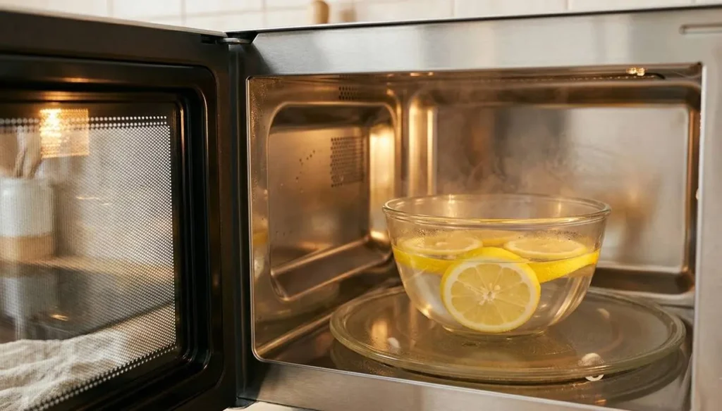 eliminare-puzza-microonde-trucco-limone Pulizia del forno a microonde con ciotola di acqua e fette di limone per eliminare il cattivo odore