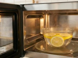 eliminare-puzza-microonde-trucco-limone Pulizia del forno a microonde con ciotola di acqua e fette di limone per eliminare il cattivo odore