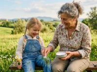 Una nonna sorridente mostra come togliere le macchie d'erba dai jeans di una bambina usando lo zucchero in un prato.