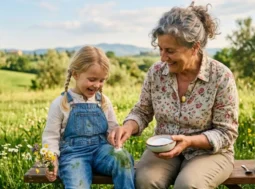 Una nonna sorridente mostra come togliere le macchie d'erba dai jeans di una bambina usando lo zucchero in un prato.