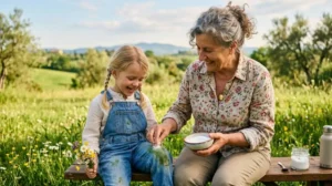 Rimedio naturale con lo zucchero per eliminare le macchie d'erba Una nonna sorridente mostra come togliere le macchie d'erba dai jeans di una bambina usando lo zucchero in un prato.