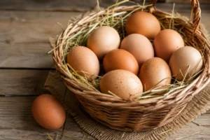 Cesta di vimini colma di uova fresche adagiate sulla paglia e appoggiata su un tavolo di legno rustico illuminato da luce naturale.