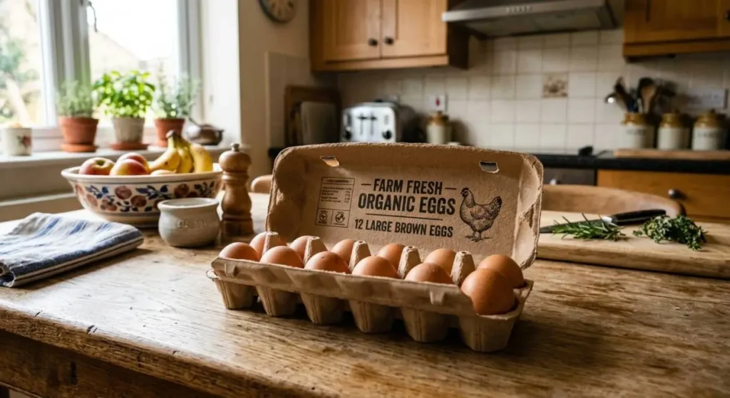 Confezione di uova fresche sul tavolo della cucina Una confezione aperta in cartone con dodici uova fresche di gallina su un tavolo in legno rustico all'interno di una cucina luminosa