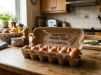 Una confezione aperta in cartone con dodici uova fresche di gallina su un tavolo in legno rustico all'interno di una cucina luminosa