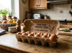 Confezione di uova fresche sul tavolo della cucina Una confezione aperta in cartone con dodici uova fresche di gallina su un tavolo in legno rustico all'interno di una cucina luminosa