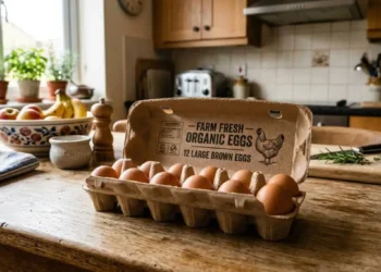 Confezione di uova fresche sul tavolo della cucina Una confezione aperta in cartone con dodici uova fresche di gallina su un tavolo in legno rustico all'interno di una cucina luminosa