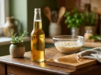 Una bottiglia di birra bionda su un tavolo di legno lucido accanto a un panno in microfibra e ingredienti naturali in cucina.