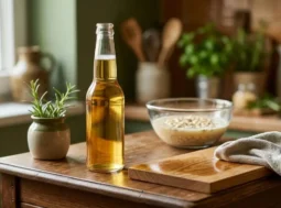 Una bottiglia di birra bionda su un tavolo di legno lucido accanto a un panno in microfibra e ingredienti naturali in cucina.