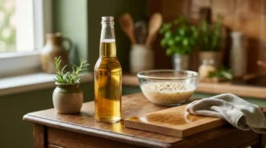Utilizzi alternativi della birra per la casa e la cura personale Una bottiglia di birra bionda su un tavolo di legno lucido accanto a un panno in microfibra e ingredienti naturali in cucina.