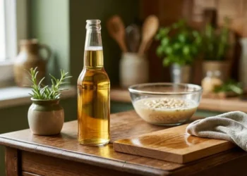 Una bottiglia di birra bionda su un tavolo di legno lucido accanto a un panno in microfibra e ingredienti naturali in cucina.