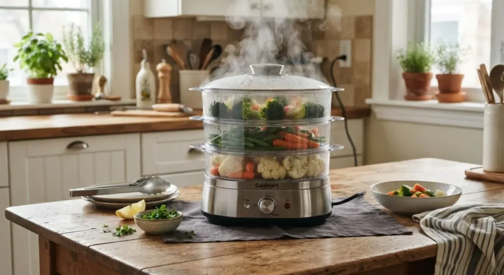 Vaporiera elettrica in funzione con verdure fresche Vaporiera elettrica a tre ripiani in funzione su un tavolo di legno in cucina, piena di verdure miste come broccoli, carote, cavolfiore e fagiolini, con vapore che sale verso l'alto.