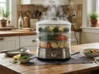 Vaporiera elettrica a tre ripiani in funzione su un tavolo di legno in cucina, piena di verdure miste come broccoli, carote, cavolfiore e fagiolini, con vapore che sale verso l'alto.