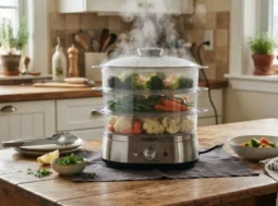 Vaporiera elettrica a tre ripiani in funzione su un tavolo di legno in cucina, piena di verdure miste come broccoli, carote, cavolfiore e fagiolini, con vapore che sale verso l'alto.