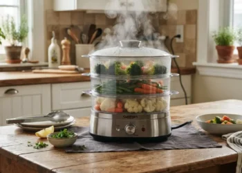 Vaporiera elettrica a tre ripiani in funzione su un tavolo di legno in cucina, piena di verdure miste come broccoli, carote, cavolfiore e fagiolini, con vapore che sale verso l'alto.