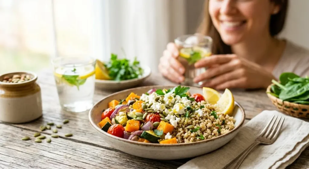Piatto sano con quinoa, verdure arrostite e feta per il benessere intestinale, con una donna sorridente sullo sfondo.