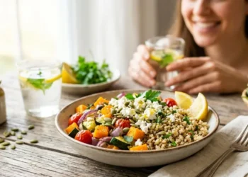 Piatto sano con quinoa, verdure arrostite e feta per il benessere intestinale, con una donna sorridente sullo sfondo.