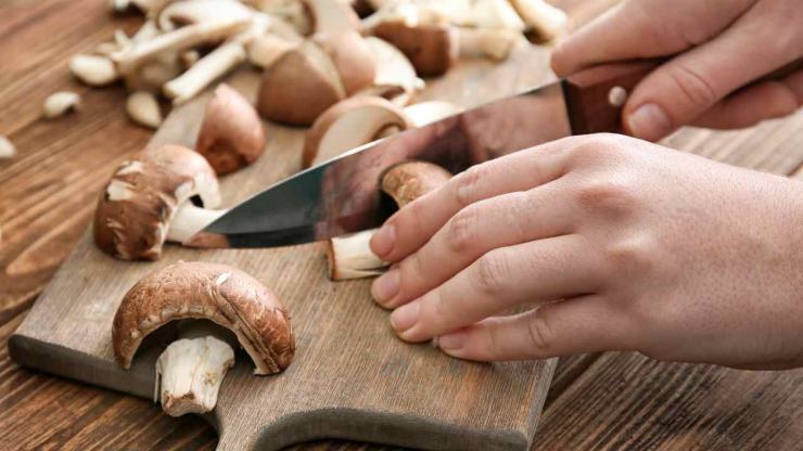 Iniziate pulendo bene i funghi con un pennellino o un canovaccio pulito per eliminare ogni impurità. Quindi tagliateli a pezzetti togliendo le parti di scarto e metteteli un attimo da parte. In una padella versate l’olio extra vergine d’oliva ed uno spicchio d’aglio pelato e schiacciato ed accendete a fuoco basso.