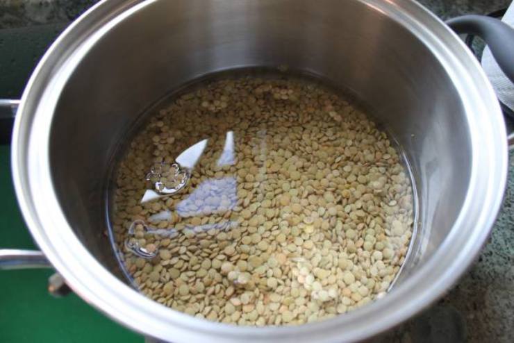 Iniziate sciacquando le lenticchie sotto acqua fredda corrente per eliminare ogni impurità. Mettetele in una ciotola capiente e copritele con acqua fredda fino a 3/4 centimetri sopra il livello delle lenticchie: lasciatele in ammollo qualche ora (2/4 ore sono sufficienti per le lenticchie rosse piccole). Trascorso il tempo necessario scolatele, sciacquatele nuovamente e trasferitele in una pentola alta: aggiungete acqua fredda fino a coprirle abbondantemente, quindi circa 3 volte il volume delle lenticchie. Aggiungete il rametto di rosmarino, mettete la pentola sul fuoco medio e portate lentamente a bollore. Iniziate sciacquando le lenticchie sotto acqua fredda corrente per eliminare ogni impurità. Mettetele in una ciotola capiente e copritele con acqua fredda fino a 3/4 centimetri sopra il livello delle lenticchie: lasciatele in ammollo qualche ora (2/4 ore sono sufficienti per le lenticchie rosse piccole). Trascorso il tempo necessario scolatele, sciacquatele nuovamente e trasferitele in una pentola alta: aggiungete acqua fredda fino a coprirle abbondantemente, quindi circa 3 volte il volume delle lenticchie. Aggiungete il rametto di rosmarino, mettete la pentola sul fuoco medio e portate lentamente a bollore.