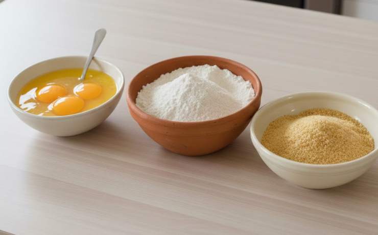 Andiamo a farcire ogni coppia di fettine di melanzane con un po’ di prosciutto cotto e con una fettina sottile di formaggio dolce poi riversiamo la farina in una ciotola e le uova in un’altra, in una terza versiamo invece il pangrattato;