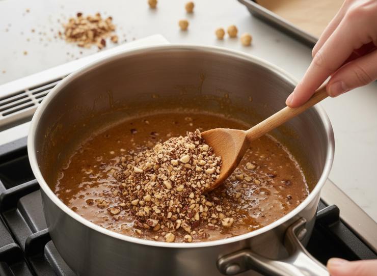 Coprite con un altro foglio di carta forno e stendete con il mattarello fino ad ottenere uno strato uniforme, non troppo sottile. Avvolgete subito il croccante attorno al cono di cartoncino preparato in precedenza: fate attenzione perché il composto è caldo, ma deve essere modellato prima che si indurisca. Lasciate raffreddare completamente ed una volta freddo, sfilate delicatamente il cono di carta: la cornucopia è pronta. Riempitela con gli struffoli già preparati, decorate con confettini colorati e canditi, e portate in tavola.