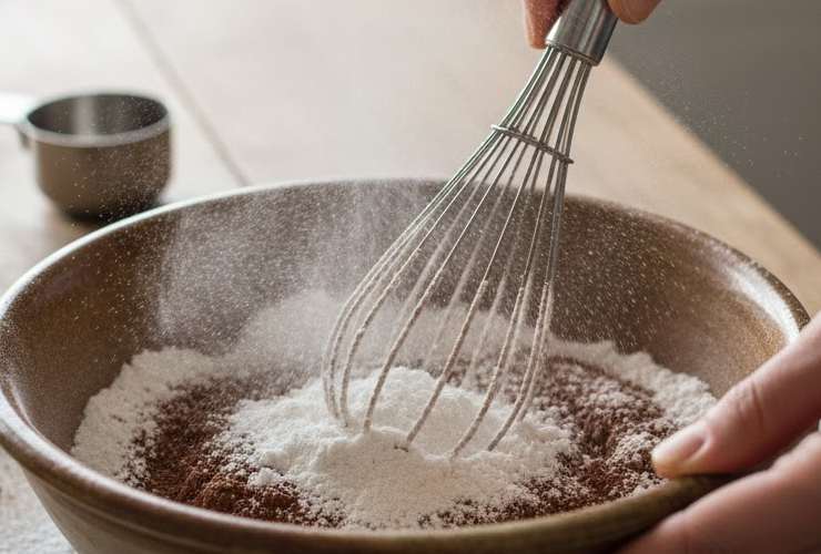 Setacciamo insieme l’amido di mais e il cacao, mescolandoli così da ottenere un composto unico;