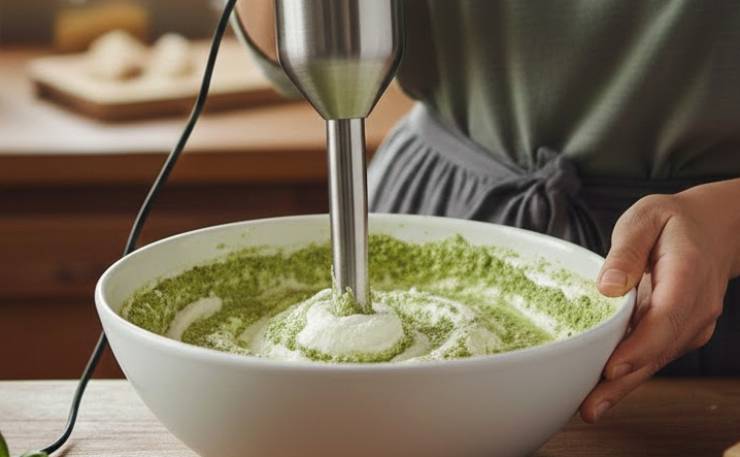 Accorpiamo adesso, poco alla volta, il pesto e usiamo un frullino o una frusta a mano per amalgamare le due creme.