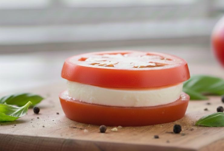 Riempiamo altri due recipienti con farina e pangrattato. Andiamo ora ad accoppiare le fettine di pomodoro per grandezza, a due a due. Farciamole come fossero un panino con una fettina di mozzarella o di formaggio dolce;