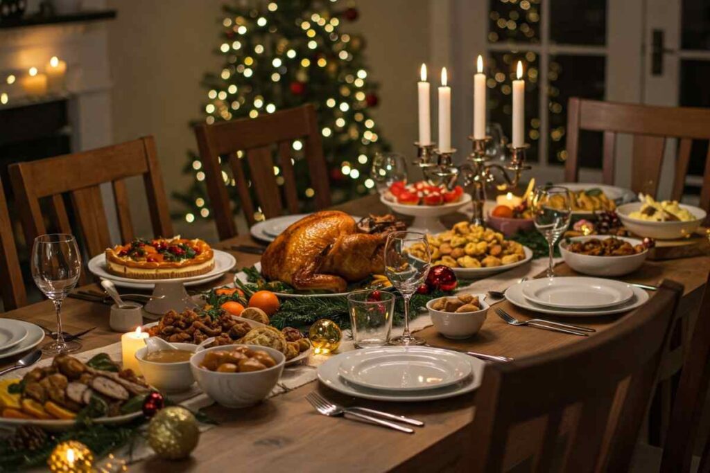 menu natale tavola apparecchiata per Natale con cibo