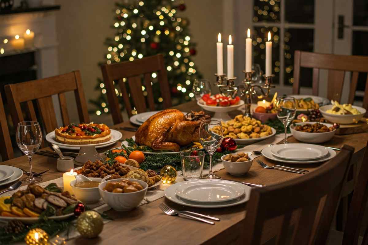 tavola apparecchiata per Natale con cibo