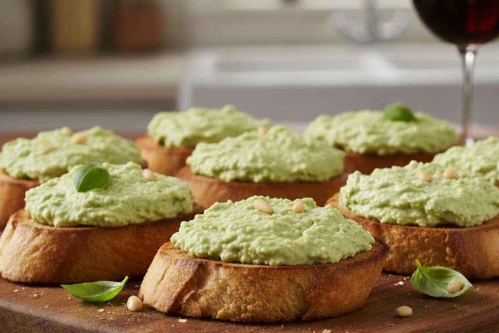 mousse ricotta pesto bruschette guarnite con mousse di ricotta e pesto