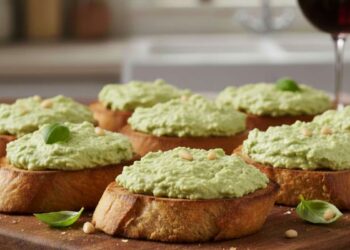 bruschette guarnite con mousse di ricotta e pesto