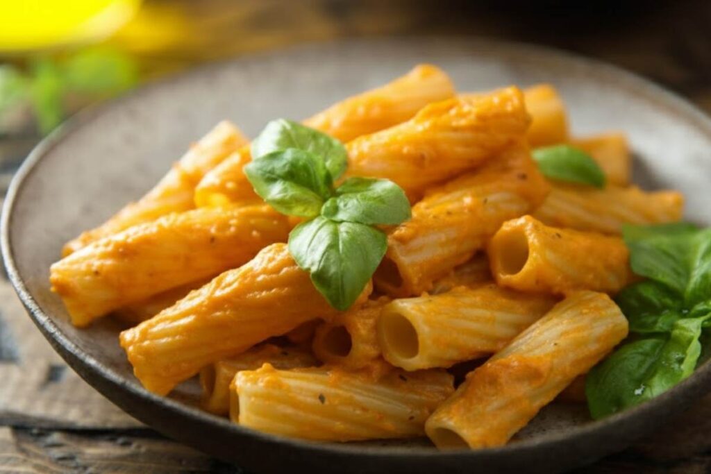 pasta rigata con pesto di pomodori e melanzane