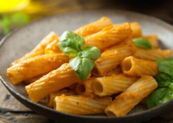 pasta rigata con pesto di pomodori e melanzane